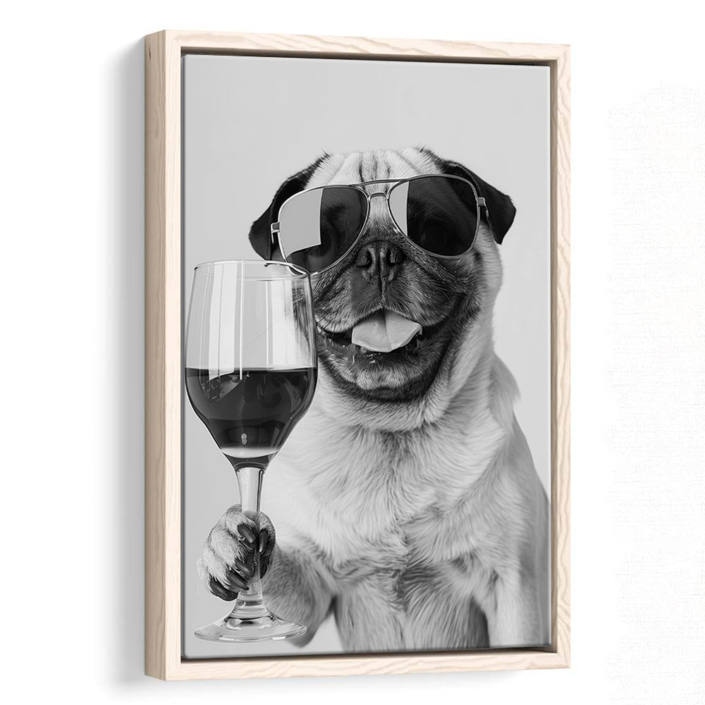 Pug Holding Wine Framed Canvas Print Wall Art, Black and White, Pug Gift, Bar Cart Print, Kitchen Wall Decor