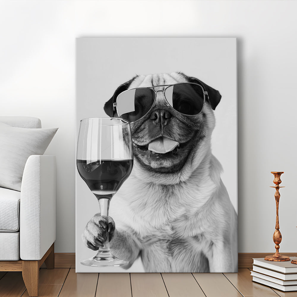 Pug Holding Wine Canvas Print Wall Art, Black and White, Pug Gift,, Bar Cart Print, Kitchen Wall Decor