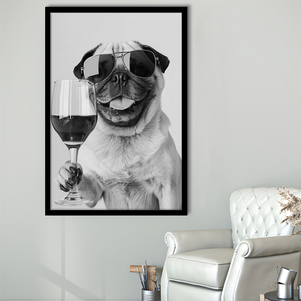 Pug Holding Wine Framed Art Print Wall Decor, Black and White, Pug Gift, Bar Cart Print, Kitchen Wall Decor