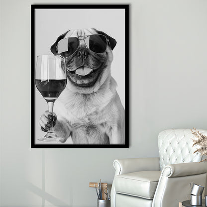Pug Holding Wine Framed Art Print Wall Decor, Black and White, Pug Gift, Bar Cart Print, Kitchen Wall Decor