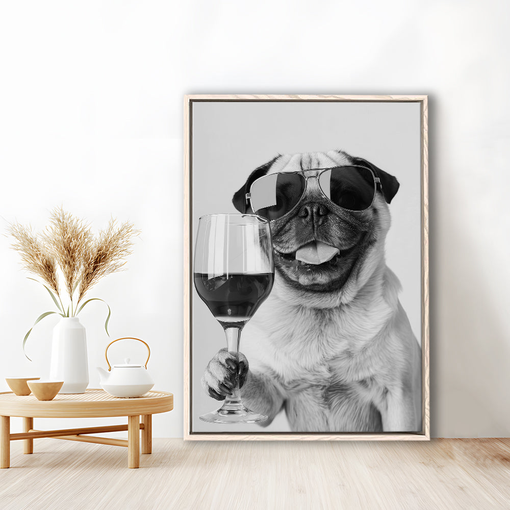 Pug Holding Wine Framed Canvas Print Wall Art, Black and White, Pug Gift, Bar Cart Print, Kitchen Wall Decor