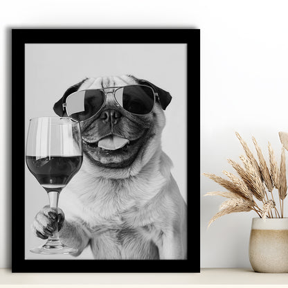 Pug Holding Wine Framed Art Print Wall Decor, Black and White, Pug Gift, Bar Cart Print, Kitchen Wall Decor