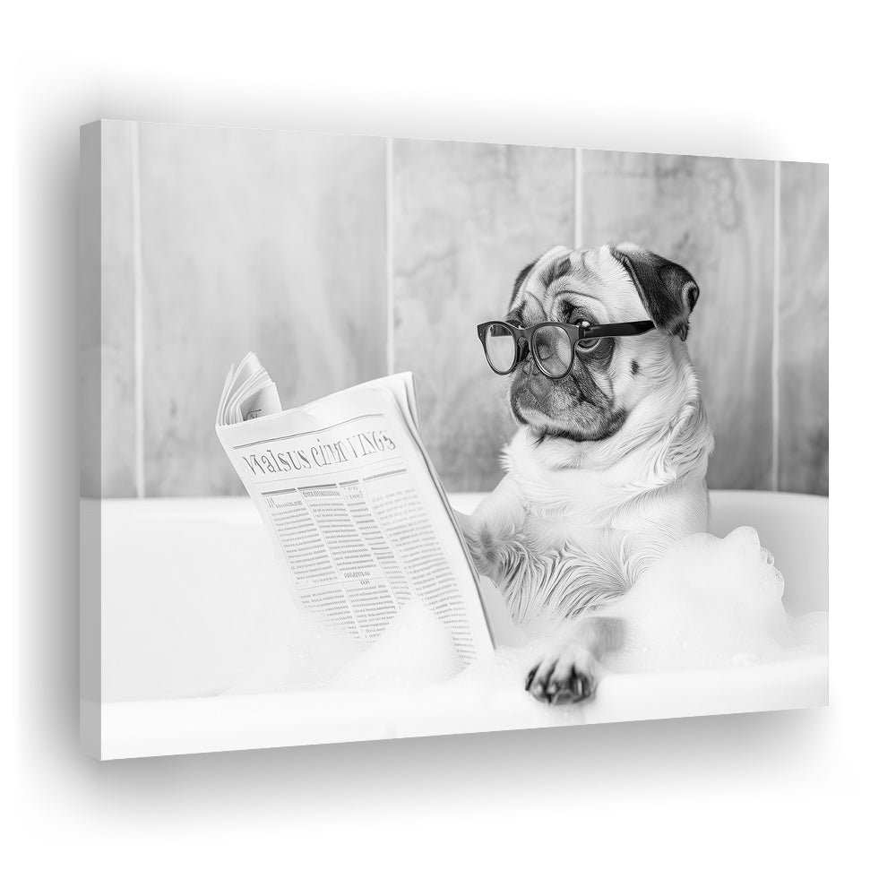 Pug in Bathtub Canvas Print Wall Art, Dog Reading Newspaper in Bubble Bath Black and White Print, Bathroom Wall Decor