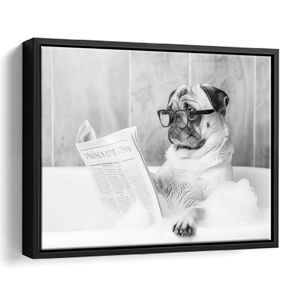Pug in Bathtub Framed Canvas Print Wall Art, Dog Reading Newspaper in Bubble Bath Black and White, Bathroom Wall Decor
