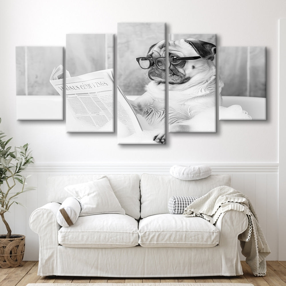 Pug in Bathtub Mixed Canvas Print Wall Art, Dog Reading Newspaper in Bubble Bath Black and White, Bathroom Wall Decor