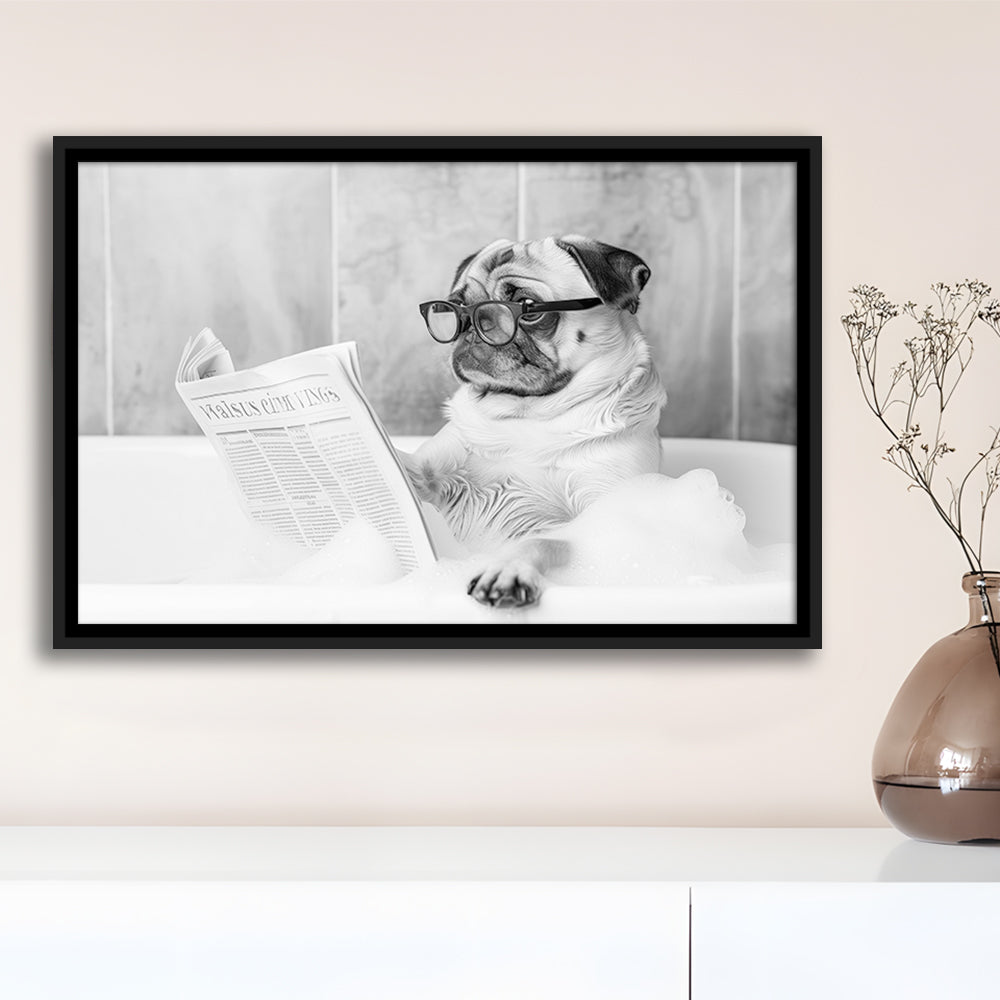 Pug in Bathtub Framed Canvas Print Wall Art, Dog Reading Newspaper in Bubble Bath Black and White, Bathroom Wall Decor