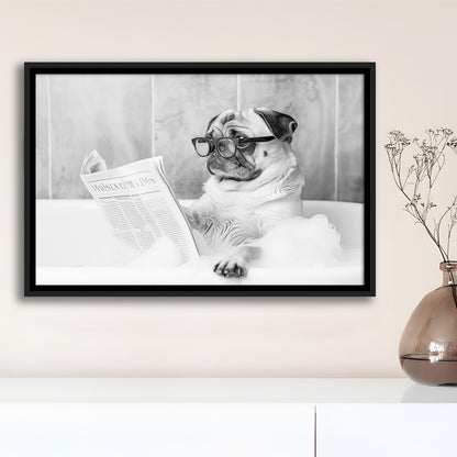 Pug in Bathtub Framed Canvas Print Wall Art, Dog Reading Newspaper in Bubble Bath Black and White, Bathroom Wall Decor