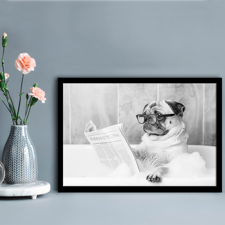 Pug in Bathtub Framed Art Print Wall Decor, Dog Reading Newspaper in Bubble Bath Black and White, Bathroom Wall Decor