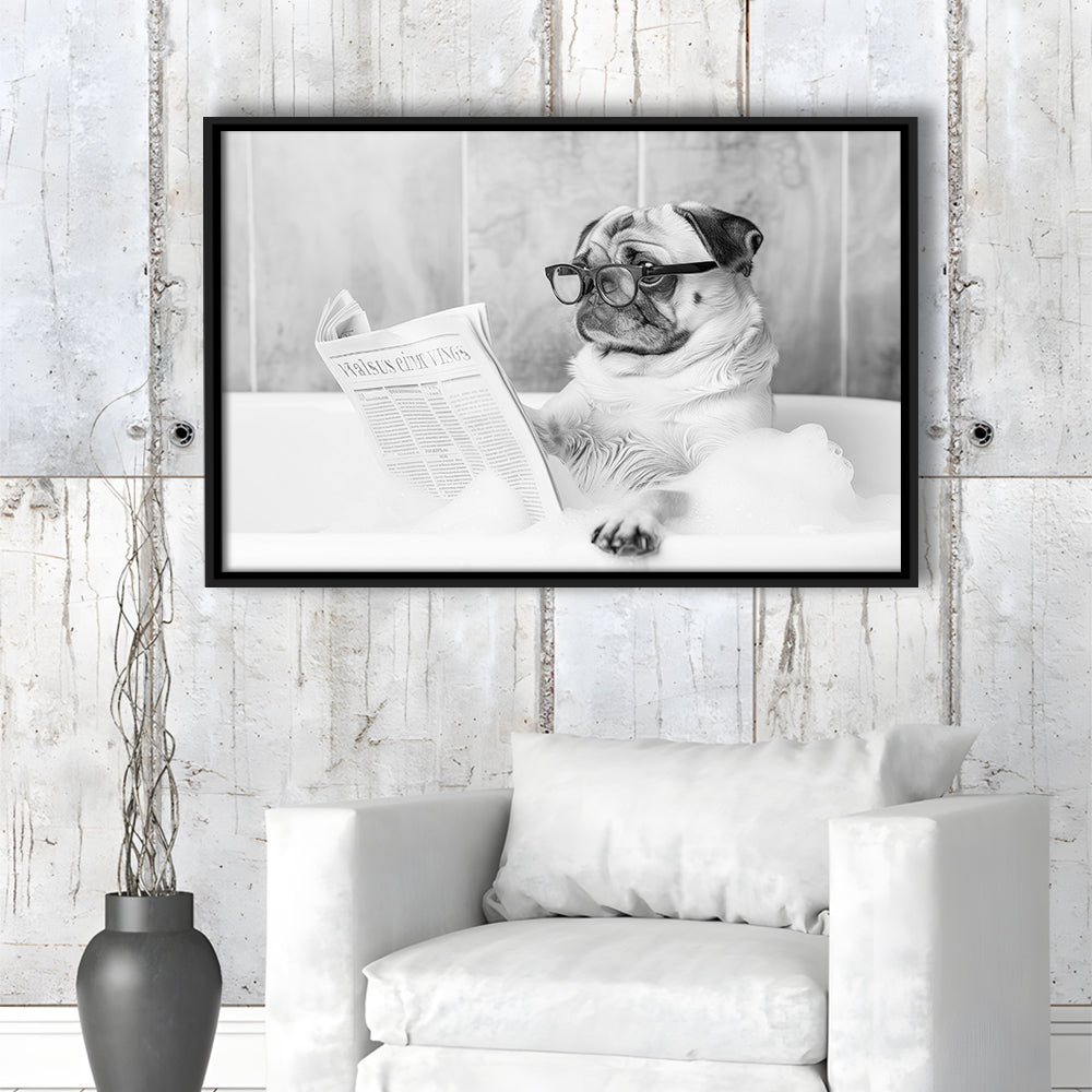 Pug in Bathtub Framed Canvas Print Wall Art, Dog Reading Newspaper in Bubble Bath Black and White, Bathroom Wall Decor