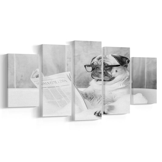 Pug in Bathtub Mixed Canvas Print Wall Art, Dog Reading Newspaper in Bubble Bath Black and White, Bathroom Wall Decor