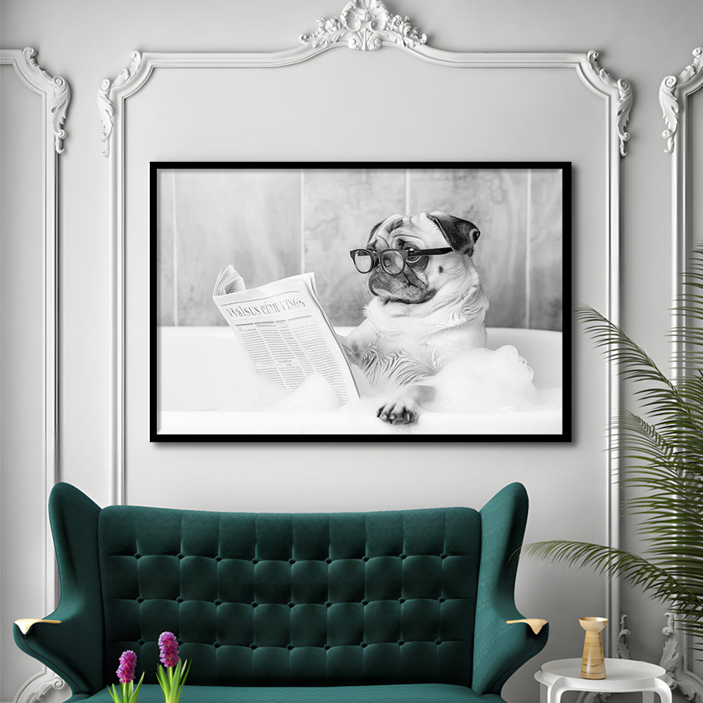 Pug in Bathtub Framed Art Print Wall Decor, Dog Reading Newspaper in Bubble Bath Black and White, Bathroom Wall Decor