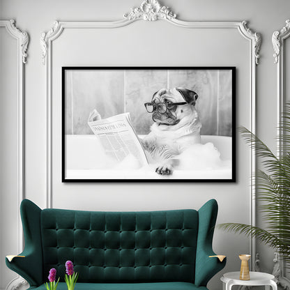 Pug in Bathtub Framed Art Print Wall Decor, Dog Reading Newspaper in Bubble Bath Black and White, Bathroom Wall Decor