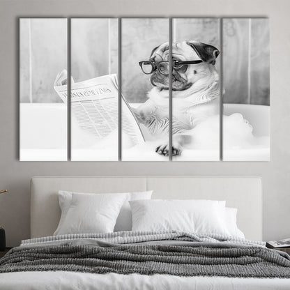 Pug in Bathtub 5 Panels Canvas Print Wall Art, Dog Reading Newspaper in Bubble Bath Black and White, Bathroom Wall Decor
