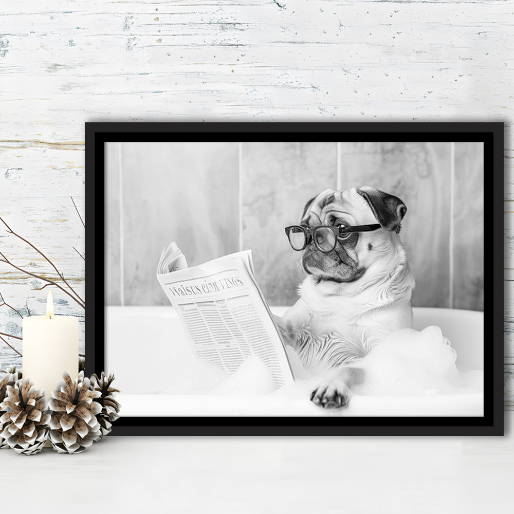 Pug in Bathtub Framed Canvas Print Wall Art, Dog Reading Newspaper in Bubble Bath Black and White, Bathroom Wall Decor
