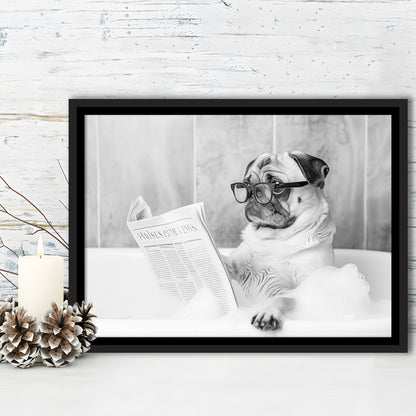Pug in Bathtub Framed Canvas Print Wall Art, Dog Reading Newspaper in Bubble Bath Black and White, Bathroom Wall Decor