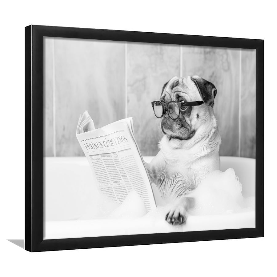 Pug in Bathtub Framed Art Print Wall Decor, Dog Reading Newspaper in Bubble Bath Black and White, Bathroom Wall Decor