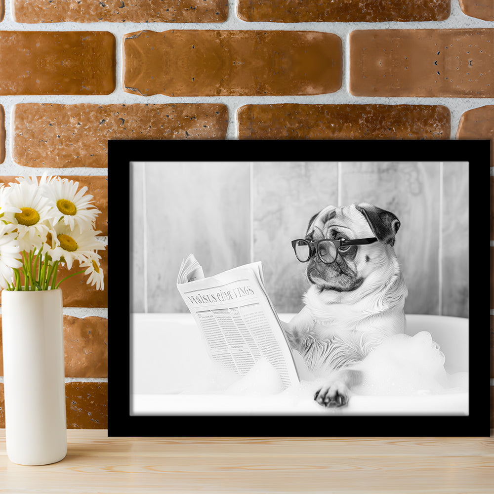Pug in Bathtub Framed Art Print Wall Decor, Dog Reading Newspaper in Bubble Bath Black and White, Bathroom Wall Decor