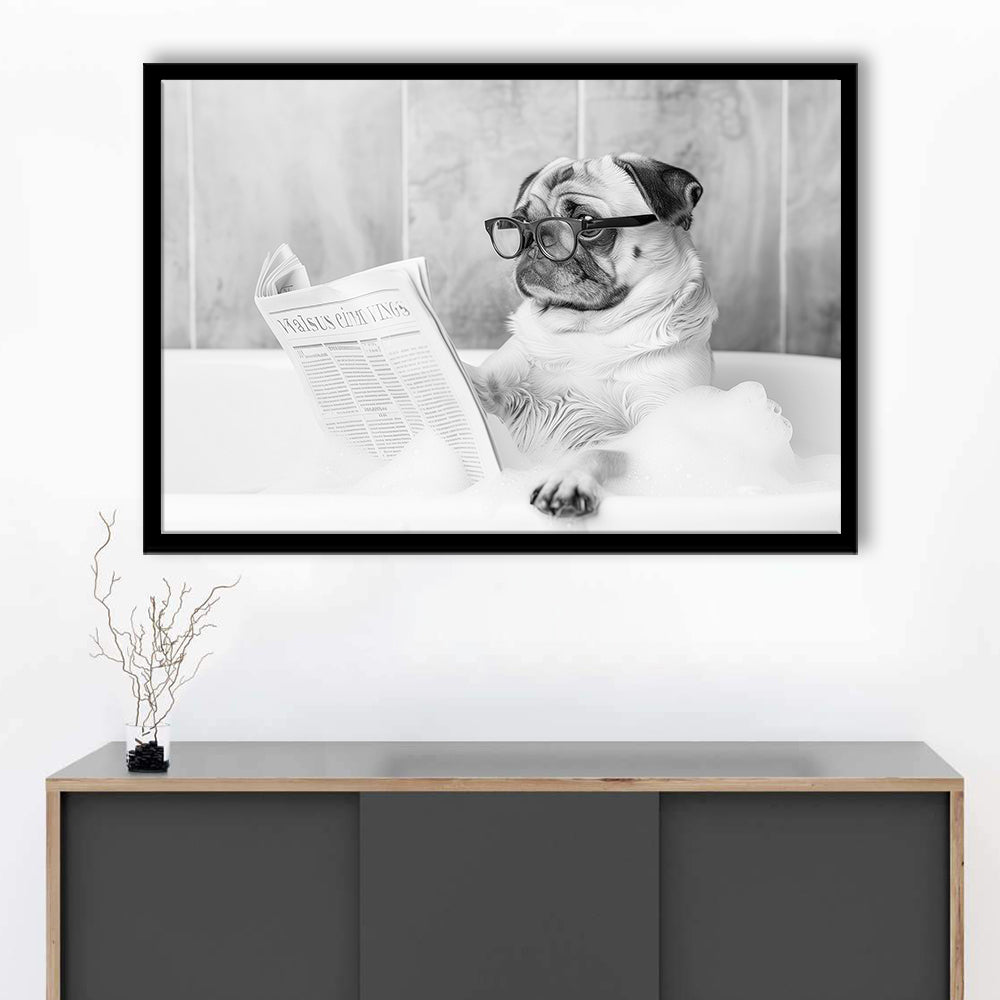 Pug in Bathtub Framed Art Print Wall Decor, Dog Reading Newspaper in Bubble Bath Black and White, Bathroom Wall Decor