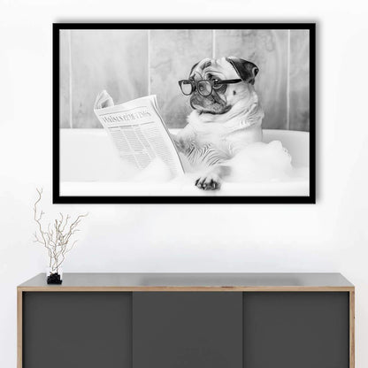 Pug in Bathtub Framed Art Print Wall Decor, Dog Reading Newspaper in Bubble Bath Black and White, Bathroom Wall Decor