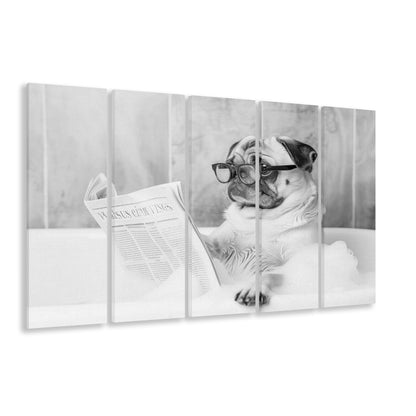 Pug in Bathtub 5 Panels Canvas Print Wall Art, Dog Reading Newspaper in Bubble Bath Black and White, Bathroom Wall Decor