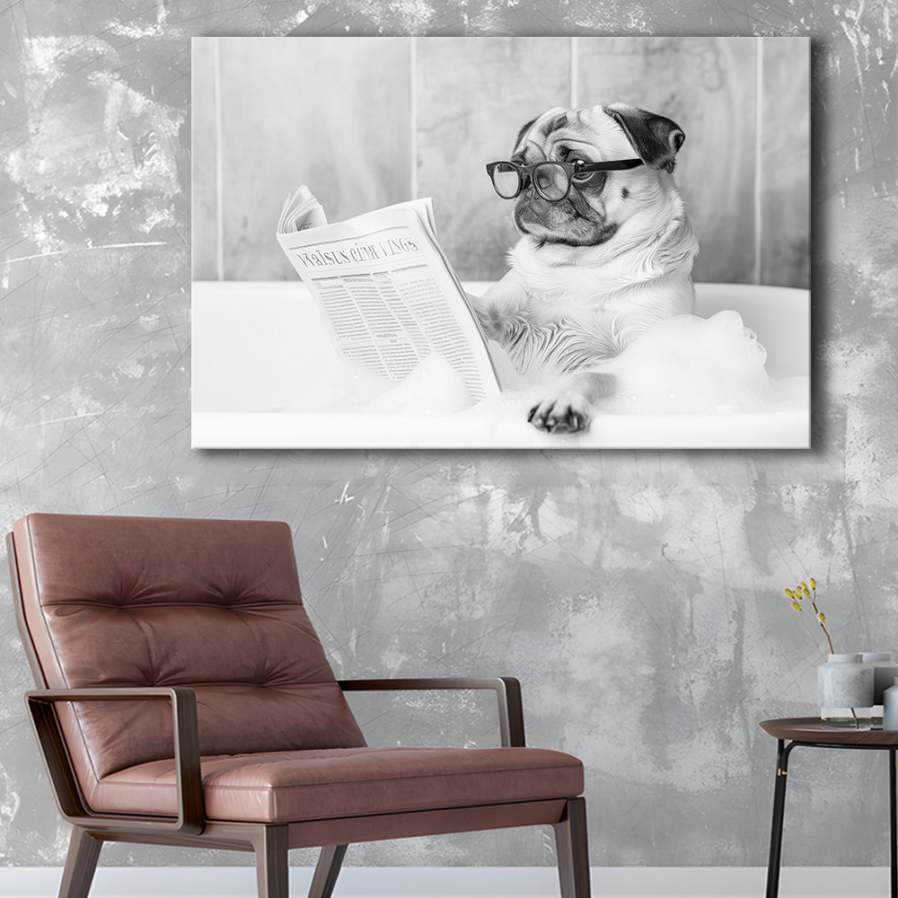 Pug in Bathtub Canvas Print Wall Art, Dog Reading Newspaper in Bubble Bath Black and White Print, Bathroom Wall Decor