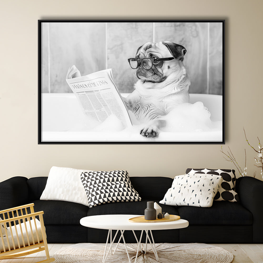 Pug in Bathtub Framed Canvas Print Wall Art, Dog Reading Newspaper in Bubble Bath Black and White, Bathroom Wall Decor