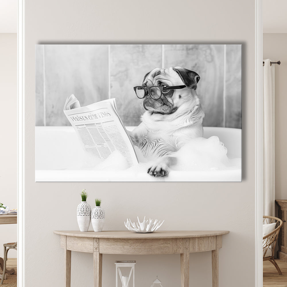 Pug in Bathtub Canvas Print Wall Art, Dog Reading Newspaper in Bubble Bath Black and White Print, Bathroom Wall Decor