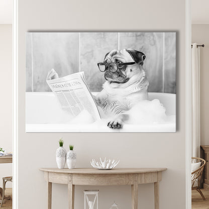 Pug in Bathtub Canvas Print Wall Art, Dog Reading Newspaper in Bubble Bath Black and White Print, Bathroom Wall Decor