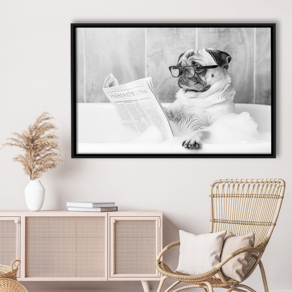 Pug in Bathtub Framed Canvas Print Wall Art, Dog Reading Newspaper in Bubble Bath Black and White, Bathroom Wall Decor
