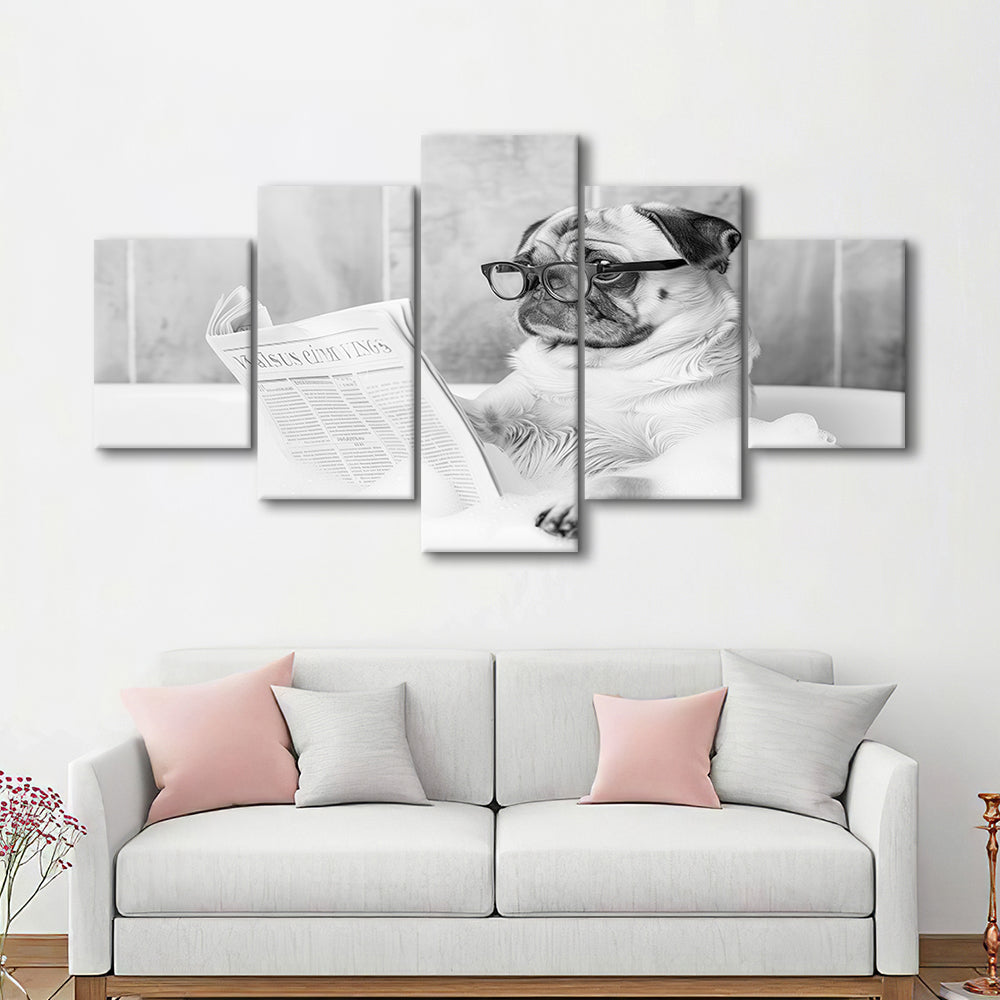 Pug in Bathtub Mixed Canvas Print Wall Art, Dog Reading Newspaper in Bubble Bath Black and White, Bathroom Wall Decor