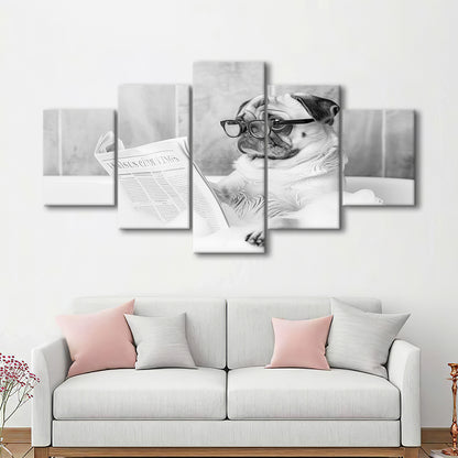Pug in Bathtub Mixed Canvas Print Wall Art, Dog Reading Newspaper in Bubble Bath Black and White, Bathroom Wall Decor