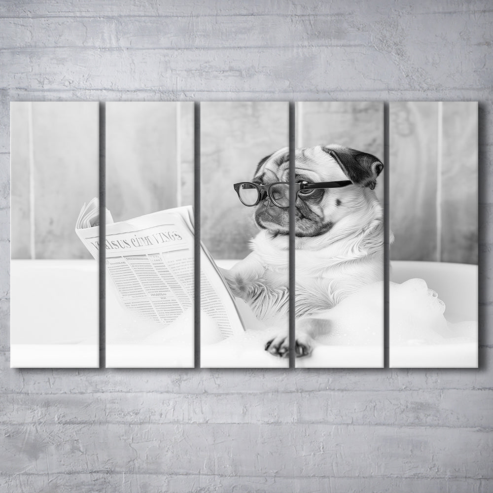 Pug in Bathtub 5 Panels Canvas Print Wall Art, Dog Reading Newspaper in Bubble Bath Black and White, Bathroom Wall Decor
