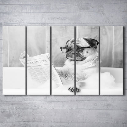 Pug in Bathtub 5 Panels Canvas Print Wall Art, Dog Reading Newspaper in Bubble Bath Black and White, Bathroom Wall Decor