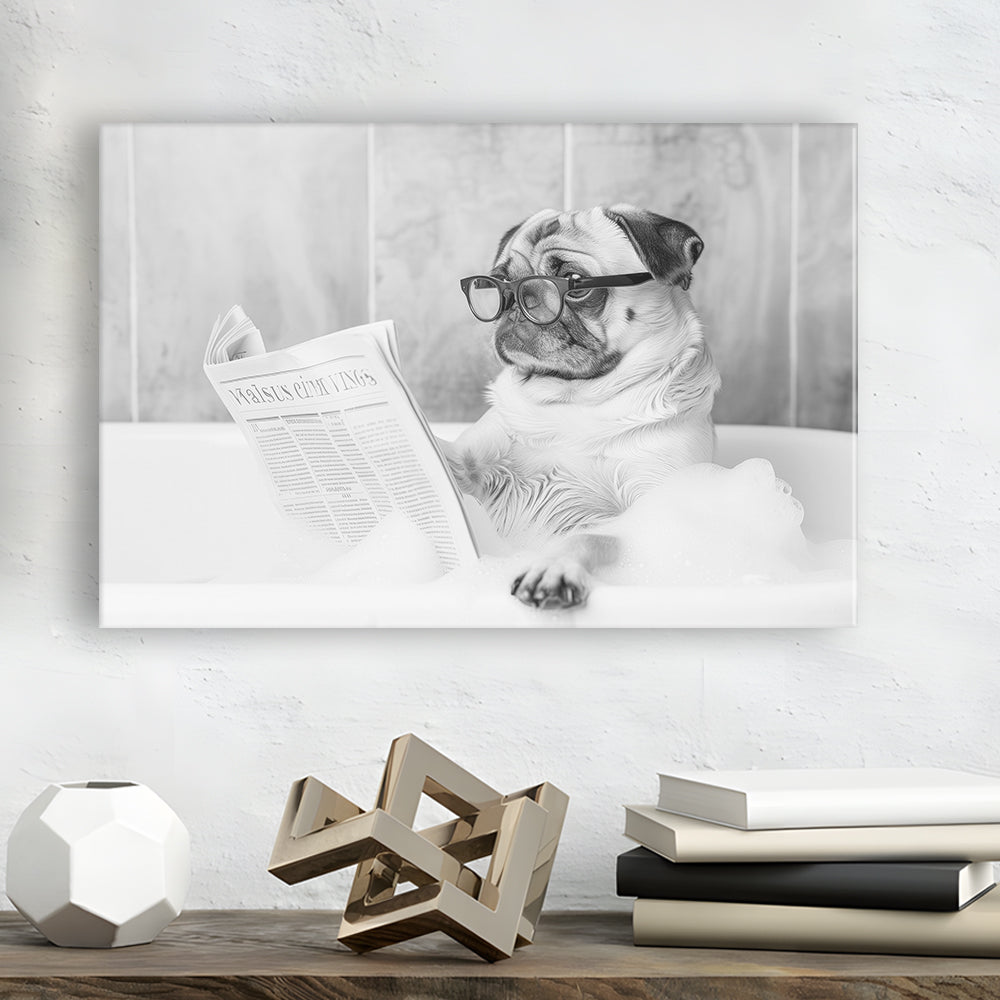 Pug in Bathtub Canvas Print Wall Art, Dog Reading Newspaper in Bubble Bath Black and White Print, Bathroom Wall Decor