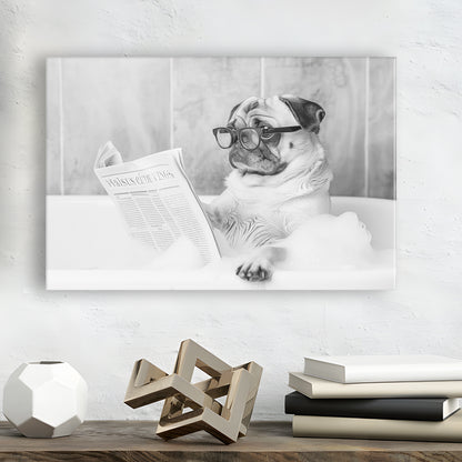 Pug in Bathtub Canvas Print Wall Art, Dog Reading Newspaper in Bubble Bath Black and White Print, Bathroom Wall Decor