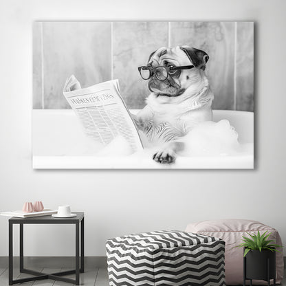 Pug in Bathtub Canvas Print Wall Art, Dog Reading Newspaper in Bubble Bath Black and White Print, Bathroom Wall Decor
