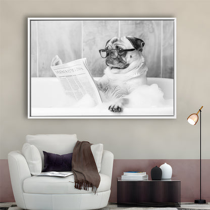 Pug in Bathtub Framed Canvas Print Wall Art, Dog Reading Newspaper in Bubble Bath Black and White, Bathroom Wall Decor