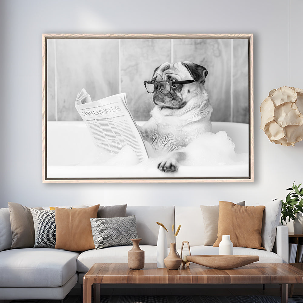 Pug in Bathtub Framed Canvas Print Wall Art, Dog Reading Newspaper in Bubble Bath Black and White, Bathroom Wall Decor