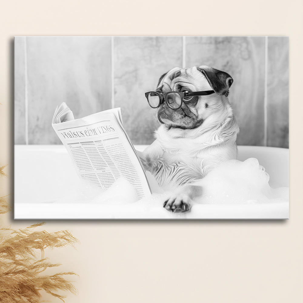 Pug in Bathtub Canvas Print Wall Art, Dog Reading Newspaper in Bubble Bath Black and White Print, Bathroom Wall Decor