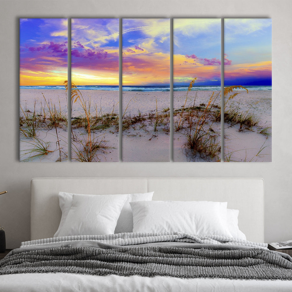 Purple Pink And Blue Sunrise Over Beach Sea Oats Wall Art, 5 Piece B Extra Large Cavas Print Wall Art Decor