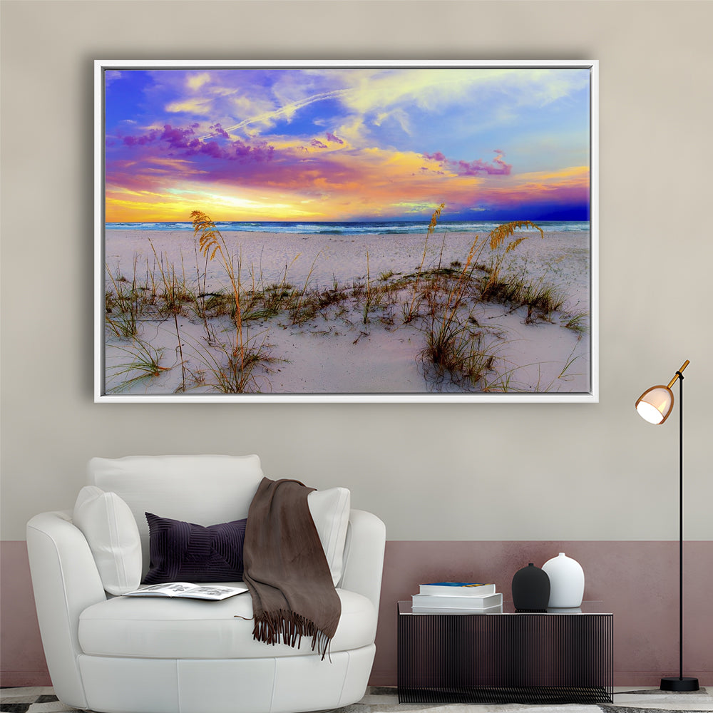 Purple Pink And Blue Sunrise Over Beach Sea Oats Wall Art, Framed Cavas Print, Floating Frame