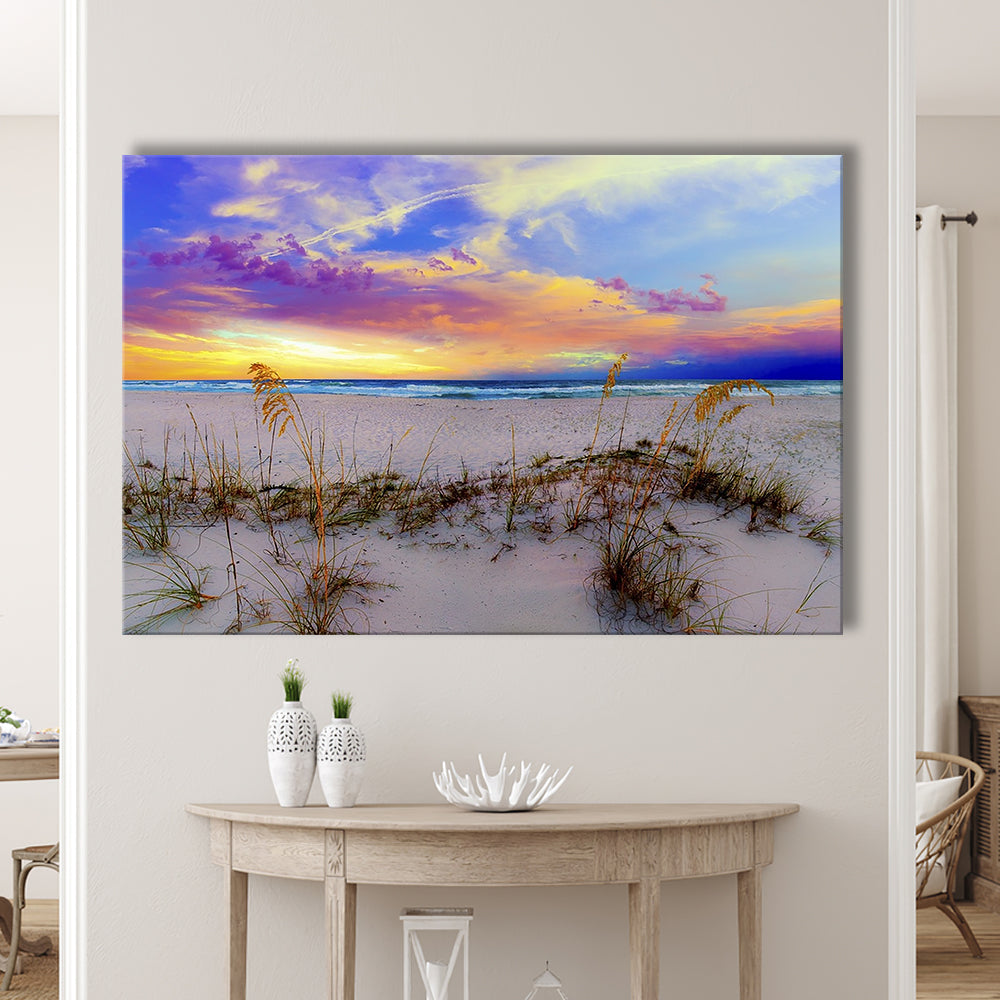 Purple Pink And Blue Sunrise Over Beach Sea Oats Wall Art, Cavas Print Wall Art Hom Decor
