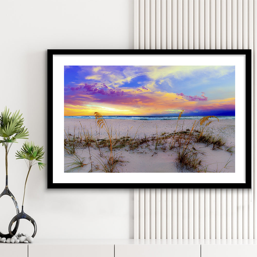 Purple Pink And Blue Sunrise Over Beach Sea Oats Wall Art, Framed Art Print White Border