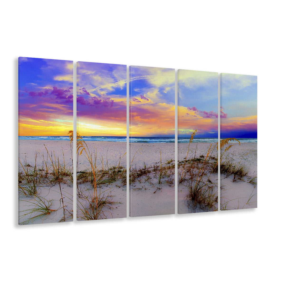 Purple Pink And Blue Sunrise Over Beach Sea Oats Wall Art, 5 Piece B Extra Large Cavas Print Wall Art Decor