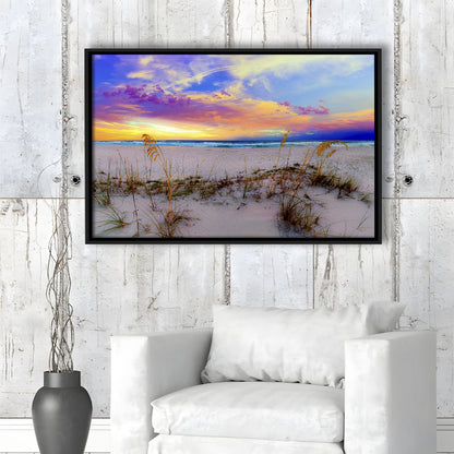Purple Pink And Blue Sunrise Over Beach Sea Oats Wall Art, Framed Cavas Print, Floating Frame