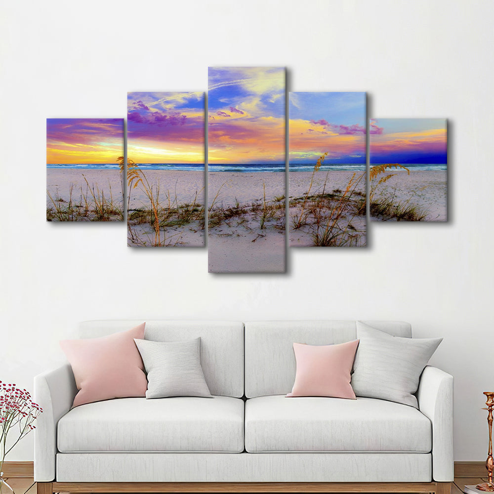 Purple Pink And Blue Sunrise Over Beach Sea Oats Wall Art, 5 Piece Large Cavas Print Wall Art