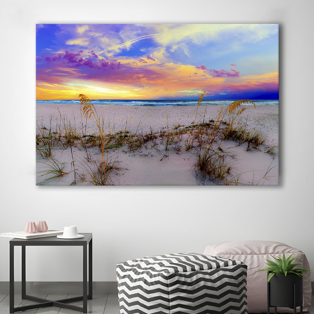 Purple Pink And Blue Sunrise Over Beach Sea Oats Wall Art, Cavas Print Wall Art Hom Decor