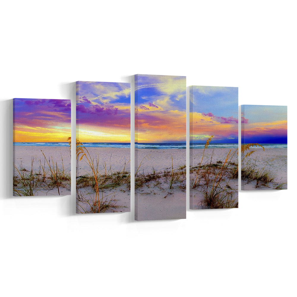 Purple Pink And Blue Sunrise Over Beach Sea Oats Wall Art, 5 Piece Large Cavas Print Wall Art