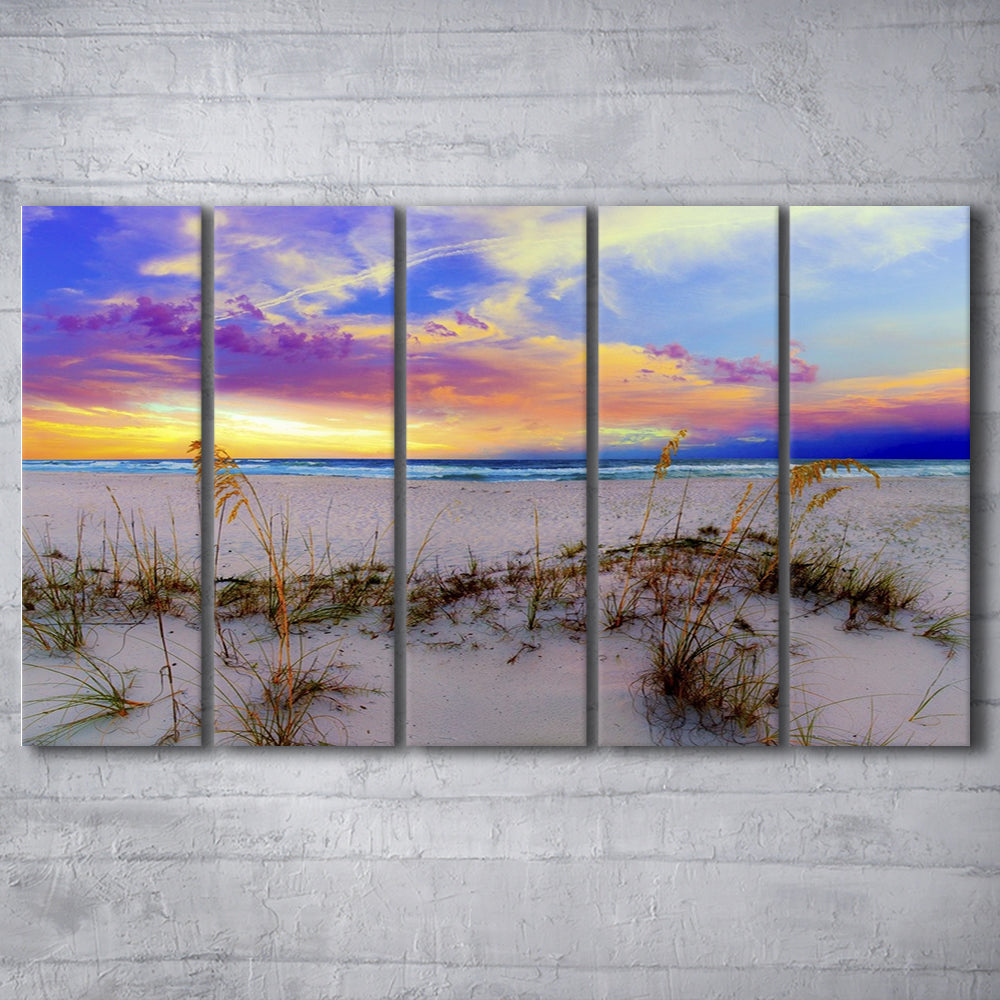 Purple Pink And Blue Sunrise Over Beach Sea Oats Wall Art, 5 Piece B Extra Large Cavas Print Wall Art Decor