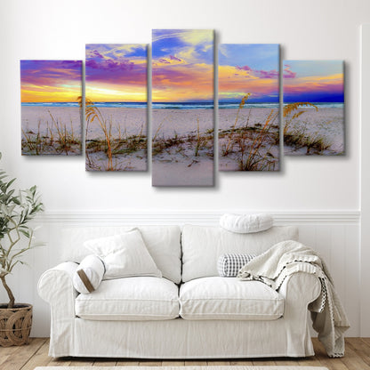 Purple Pink And Blue Sunrise Over Beach Sea Oats Wall Art, 5 Piece Large Cavas Print Wall Art